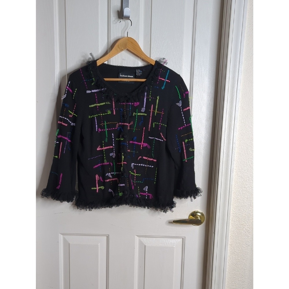 Vintage Michael Simon Y2K Black Embroidered Cardigan Jacket Colorful Tulle